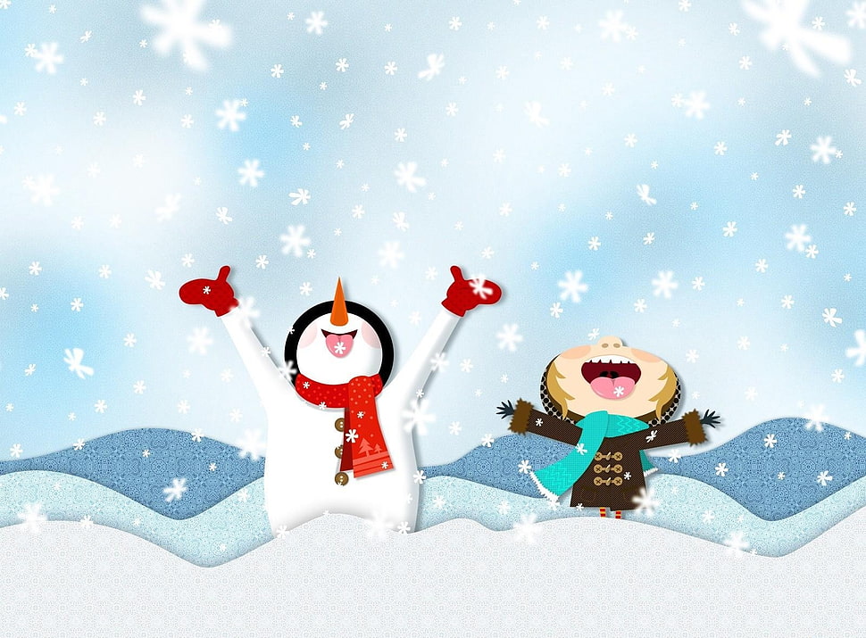 snowman and girl on snow HD wallpaper