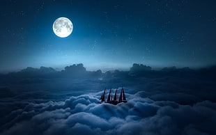 ship on sea of clouds wallpaper, digital art, ship, Moon, clouds HD wallpaper