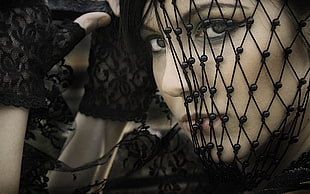 woman with black mesh on face HD wallpaper