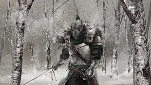 painting of samurai beside trees, Dark Souls II, forest, video games, armor HD wallpaper