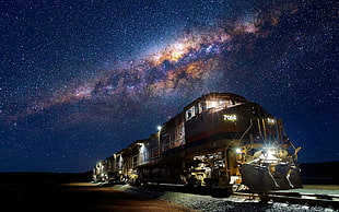 gray and white train, Milky Way, stars, train, night HD wallpaper