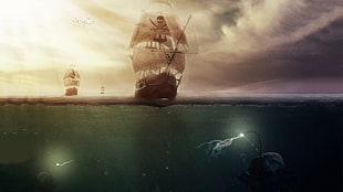 brown wooden boat illustration, artwork, sailing ship, sea, clouds HD wallpaper