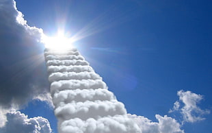 white cumulus clouds, Sun, sky, clouds, staircase HD wallpaper