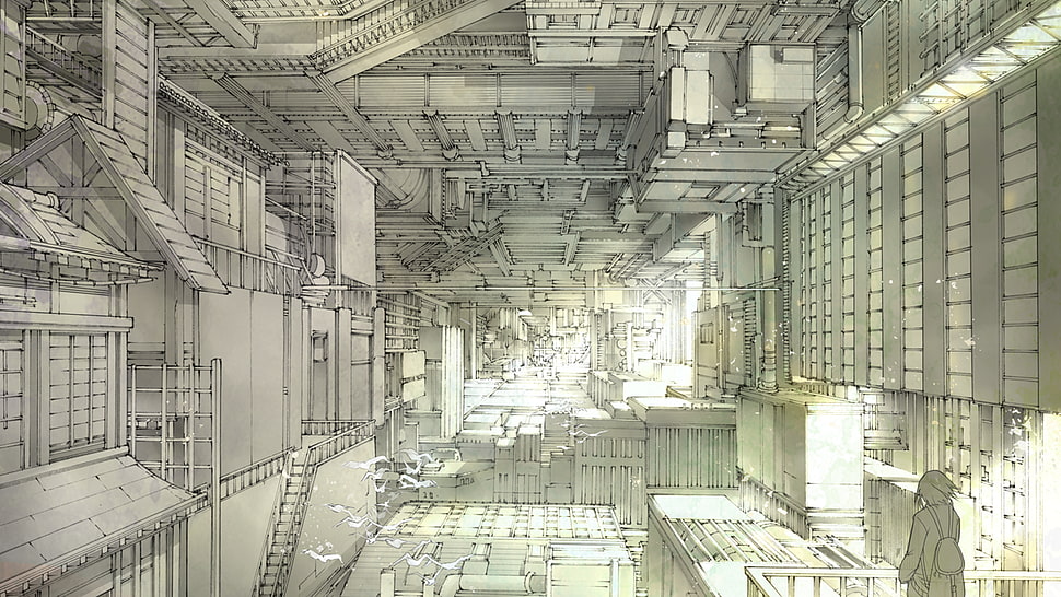 building interior illustration, anime, city HD wallpaper