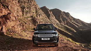 black Range Rover, Range Rover, mountains, black cars, car