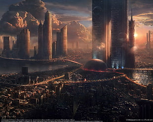 city and buildings digital wallpaper, futuristic city, digital art, sky, clouds