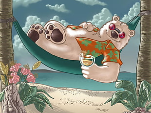 lying bear on hammock with glass of drink sticker HD wallpaper