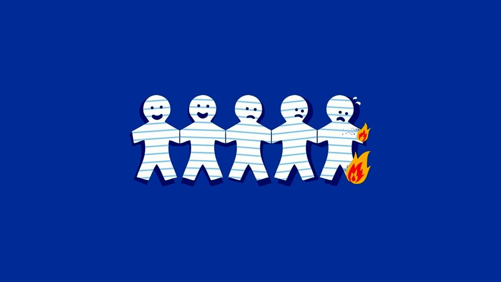 five white paper men illustration, simple, humor, paper, burning