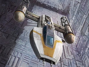 white and yellow Star Wars spacecraft, Star Wars, science fiction, Y-Wing, R2-D2