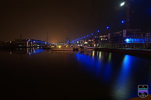 black concrete building, night, neon, blue, cityscape HD wallpaper