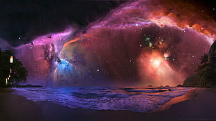 body of water under colorful cloudy night sky, sea, nebula HD wallpaper