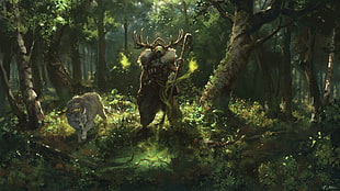 man holding staff illustration, forest, wolf, magic, sorcerer HD wallpaper