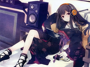 female anime character wearing headphone HD wallpaper