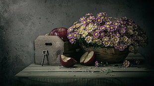 purple and white petaled flowers, apples, basket , flowers HD wallpaper