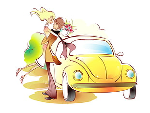 couple standing beside yellow Volkswagen Beetle HD wallpaper