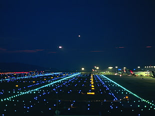 airport runway, lights, night, airplane, airport HD wallpaper