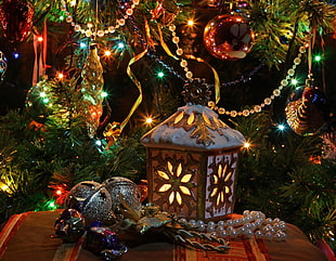 two grey bauble and lantern HD wallpaper
