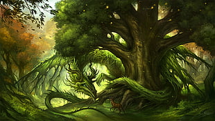 green dragon with tail wrapped around tree painting HD wallpaper