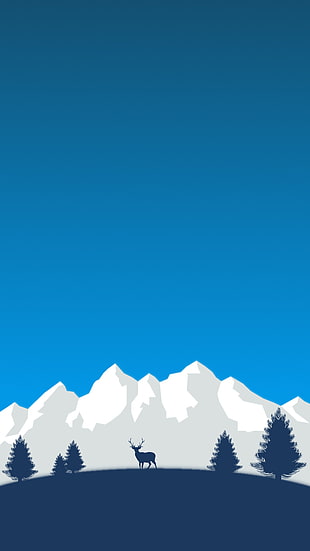 deer and mountain illustration, digital art, minimalism, simple background, trees