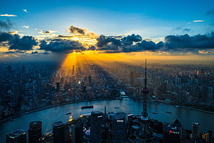 crepuscular rays, China, Shanghai, sunlight, cityscape HD wallpaper