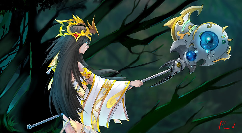 woman with gold crown and weapon illustration HD wallpaper