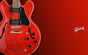 red and black electric guitar with text overlay, guitar, Gibson ES335, musical instrument HD wallpaper