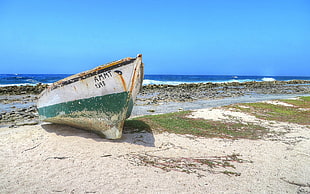 gray and green boat, Baby Beach, Aruba, boat, sea HD wallpaper