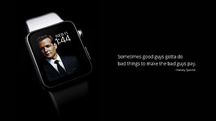 space grey Apple Watch with grey Sports Band and text overlay, Apple Watch, Harvey Specter, Gabriel Macht  , quote HD wallpaper