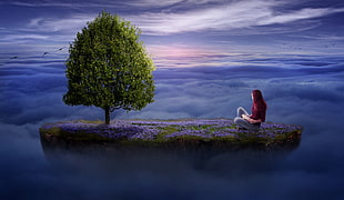 woman sitting on purple flower field overlooking on sea of cloud painting HD wallpaper