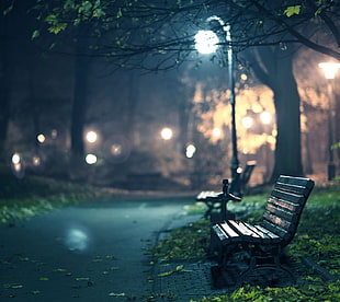 brown wooden bench, bench, lantern, night, lights HD wallpaper