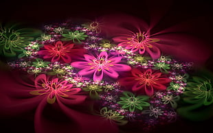 pink, green, and purple flowers digital wallpaper