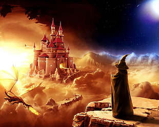 wizard and dragon digital artwork, fantasy art, wizard, castle, dragon