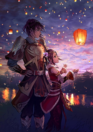 female anime character watching sky lanterns