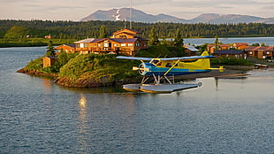 yellow and blue boat plane, airplane, aircraft, landscape, USA HD wallpaper