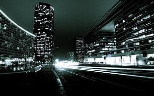 high rise building, city, night, lights, light trails HD wallpaper