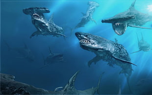 assorted sharks underwater digital wallpaper HD wallpaper