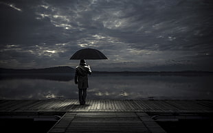 men's brown coat and black umbrella, alone, clouds, lake, umbrella