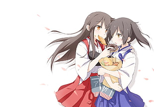 two female anime characters eating doughnut together HD wallpaper