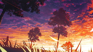 trees illustration, landscape, trees, sunset, grass HD wallpaper