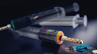 three assorted-color syringes, 3D, compact disc, syringe HD wallpaper