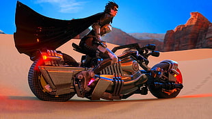 animated lady wearing black cape riding motorcycle on desert during daytime HD wallpaper
