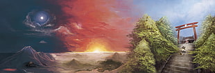 illustration of sunrise, sunset, and evening, Touhou, anime, Hakurei Reimu, landscape HD wallpaper