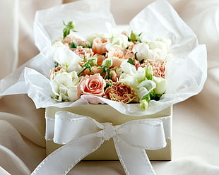 bouquet of pink and white flowers in white box HD wallpaper