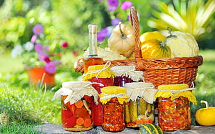 six food jars beside basket HD wallpaper