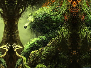 green monster tree painting, fantasy art, animals, artwork HD wallpaper