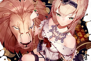 female anime character holding staff with lion illustration, animals, blonde, hair bows, braids HD wallpaper