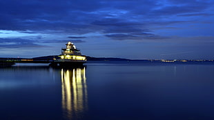 white lighted yacht on sea under blue sky, puget sound HD wallpaper