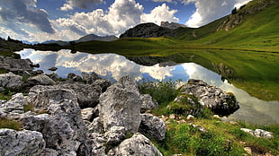 green mountains, nature, landscape, lake, reflection