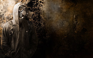 person's black full-zip ohodie, gas masks, mask HD wallpaper