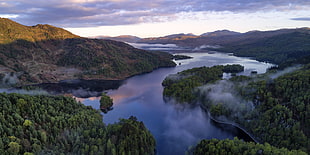 top view from the mountain surrounded by water and trees with fogs HD wallpaper